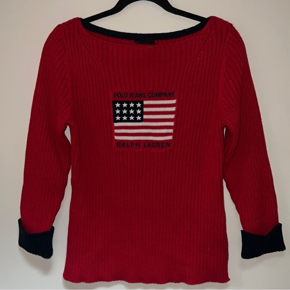 Vintage Polo Jeans Company Ralph Lauren American Flag red navy knitted sweater